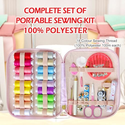 Sewing Kit with Case Portable Sewing Supplies for Home Traveler, Adults, Beginner, Emergency, Contains 18 Sewing Thread, Scissors, Needles, Measure etc (Pink) - color: Pink, size: 1 Pack