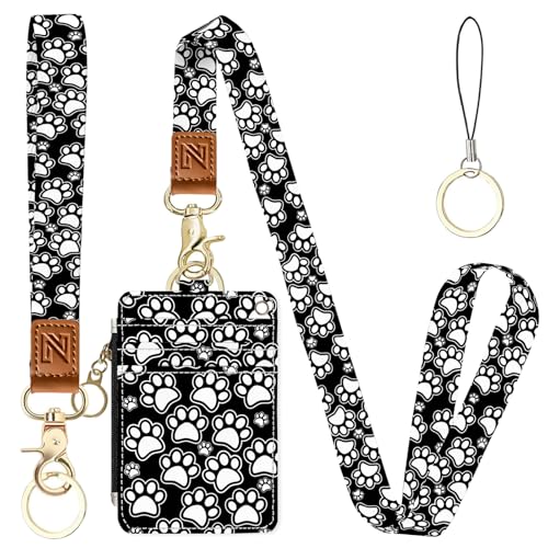 Black and White Dog Paws 2-in-1 ID Badge Holder & Lanyard Wallet for Teachers,Nurse,Professionals-Cute Zippered Coin Pouch,Removable Wristlet & Neck Lanyard,5 Card Slots Stylish Work Essential - color: Black and White Dog Paws