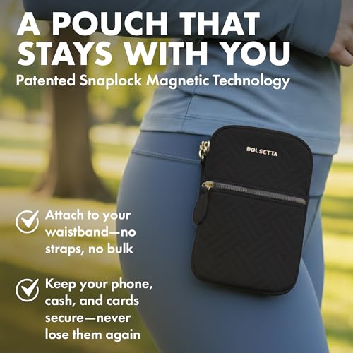 Magnetic Hip Pouch - RFID Blocking Pouch and Key Fob Protector - Zippered Pocket, Magnetic Snaplock Attachment - Lightweight Travel Wallet, Hip Bag for Concerts and Errands - Black Quilt - color: Black
