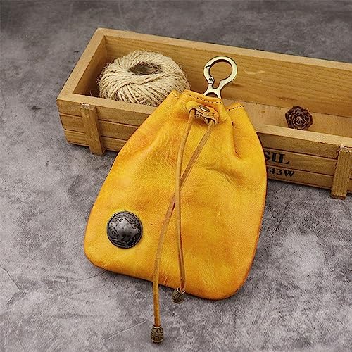 Leather Coin Pouch, Drawstring First Layer Cowhide Coin Pouch Leather Coin Pouch Men Coin Pouch for Men and Women (Yellow) - color: Yellow
