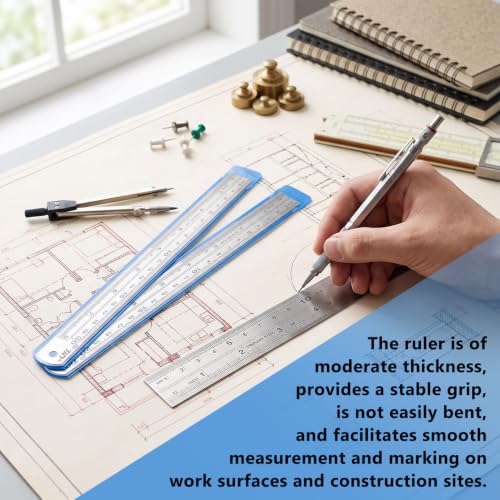 6 Pcs 8 Inch Stainless Steel Ruler Set, Metal Straight Edge with Inch and Metric Scale, Non Bendable Measuring Tool for Woodworking, Drafting, Sewing & Construction, Tailoring & Surveying - size: 8 Inch