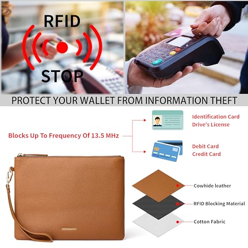 DORIS&JACKY Women Leather Clutch Purse and Phone Wallet with Wristlet Strap - color: Brown
