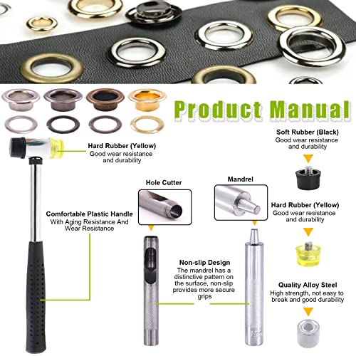 Keadic 200 Sets 8mm 5/16" Thickened Grommets Eyelets with 4 Pcs Install Tools Assortment Kit, Bronze Silver Gold Gun Black Metal Eyelet Grommet for DIY Leather Clothing Shoe Bags Crafts - color: Bronze Gun-black Gold Silver Assorted Set, size: 5/16"（8mm)