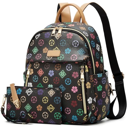 Makes Mini Backpack for Women, Small Casual Backpacks Daily Travel Bag 2pcs | Small Bookbag,Work Travel School PU Leather Shoulder Bag Mochilas Para Mujer Rucksack Gifts for Lady Girls Mother Wife - color: Triblack Flower