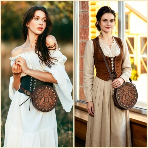 Medieval Viking Round Faux Leather Shoulder Bag, Tree of Life Raven Rune Crossbody Purse, Renaissance Bag for Women, LARP Cosplay Accessories, Norse Fantasy Belt Pouch & Leather Belt Bag - color: Brown Black
