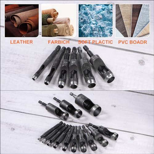 HARFINGTON Leather Hole Punch Tool 22mm 45#Steel 1/4 Hex Shank Drill Bits Electric Hollow Punch Set with 5.5" Half-Round File for Leathercraft Belt Fabric PVC Plastic Handbags Watch Band DIY - size: 22mm