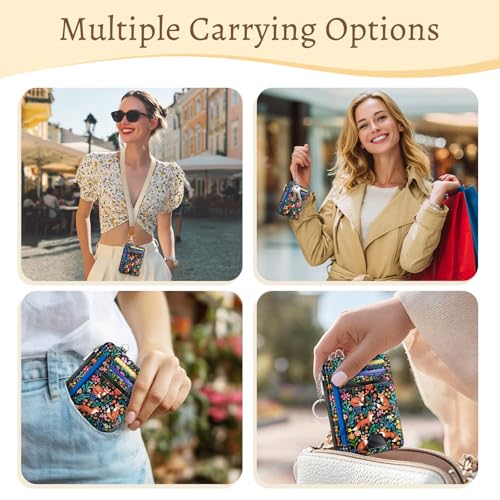 Kelvoris Credit Card Holder Small Wallet Women, Slim RFID, Fox Flowers | Keychain, Zipper Coin Pocket, Front Pocket Thin Travel Card Case, Minimalist, 6 Card Slots, 1 ID Window, Ladies Gifts Woman - color: Fox