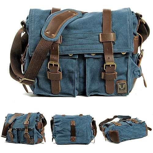 Canvas Messenger Bag, Vintage Genuine Leather Shoulder Bag, Briefcase Crossbody Satchel Purse Laptop Bag Medium | Vintage - color: Blue