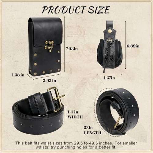 Renaissance Belt Pouch Medieval Pirate Costume Accessories Set for Cosplay | Viking Faux Leather Waist Bag, Skirt Hike Clips, Perfect for Women and Men Ren Faire, LARP, Fantasy, Halloween - color: Black-M