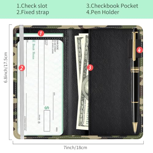 Checkbook Cover for Personal Checkbook, Cute Pu Leather Check Book for Women & Men, Slim Checkbook Holder with Pen Holder and Built-in Clear Plastic Divider, Green Camouflage - color: Green Camouflage
