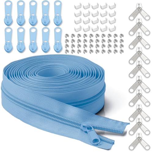 #3 Nylon Zipper Tape for Sewing: YZSFIRM 10 Yards Light Blue by The Yard Nylon Coil Zippers for DIY Sewing Craft with 10 Bulk Metal Zipper Slider and 10 Double Slider - color: 184 Light Blue, size: #3 Zipper