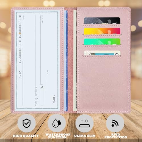 Checkbook Covers for Personal Duplicate Checks, Genuine Leather Checkbooks Register Cover Holder Wallets for Women & Men (Pink) - color: Pink