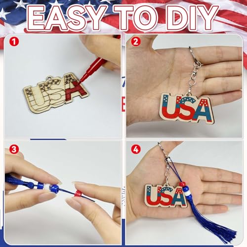 Cinrobiye 24 Set Patriotic Craft Kits DIY Wooden Paint Keychain Craft Set for 4th of July Party Activities Memorial Day Classroom Art Projects Independence Day Decorations - style: 4th of July