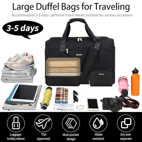 Stuery Weekender Bags for Women with Toiletry Bags: Large Overnight Bags Travel Duffel Bag Carry On Shoulder Weekend Tote with Shoe Compartment and Wet Pocket for Girls Airplane Traveling,Dark - color: B-3PCS All Dark