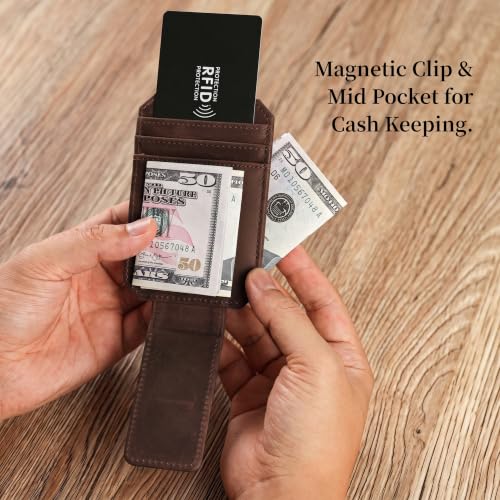 Crazy Horse Leather Money Clip Wallet with Holder Compatible with Air Tag. - color: Brown