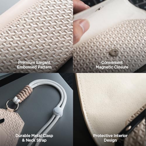 VULKIT Portable Leather Eye Glasses Case for Women & Men, Slim Sunglass Case, Unisex Eyeglass Case - color: Moonstone Beige With Lanyard