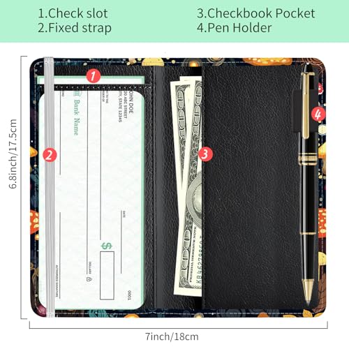 Checkbook Cover for Personal Checkbook, Cute PU Leather Check Book for Women & Men, Slim Checkbook Holder with Pen Holder and Built-in Clear Plastic Divider Glowing Forest Mushrooms - color: Glowing Forest Mushrooms