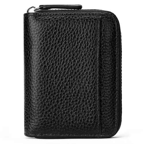 SENDEFN RFID Credit Card Holder for Women Small Leather Zipper Card Case Wallet 15 Slots - color: J-Black