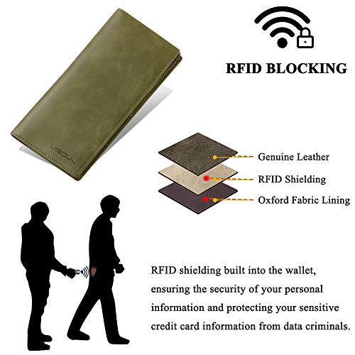 VISOUL Leather Checkbook Cover Wallet for Men with RFID Blocking, Mens Long Bifold Cash Tall Wallet with 11 Credit Card Slots 1 ID Window (Olive Green) - color: Olive Green