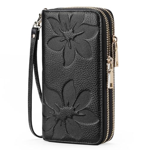 GOIACII Women's Wallet RFID Blocking Leather Wristlet | 2 Zip Around, Large Capacity, Credit Card Holder, Ladies Phone Clutch Purse - color: A01 Black
