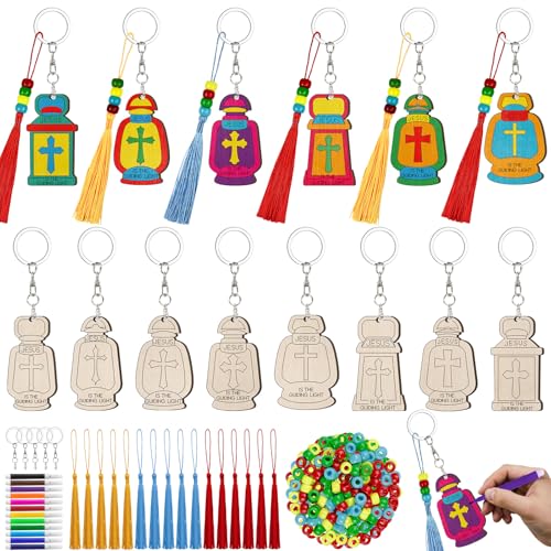 Cinrobiye 24 Set Christian Crafts Jesus Lights The Way Keychain Craft Kit Bulk DIY Bible Verse Wooden Paint Keychains with Color Pens VBS Gift for Sunday School Church Activitiy Religious Party Decors - style: Light