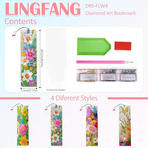 4 Pcs LINGFANG Diamond Painting Bookmark, Leather DIY Book Makers for Adults Book Lovers, Diamond Art Beginners, Small Diamond Art Kits, Art Crafts Supplies Gift for Girls (Flower Butterfly) - color: Four Flower