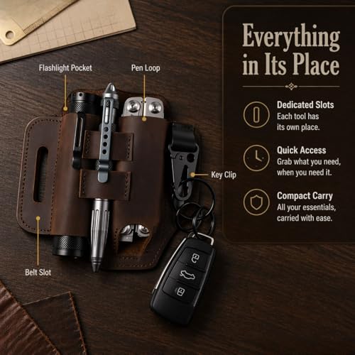 Leather Multitool Sheath for Belt – EDC Pouch & Leather with Flashlight Holder,Pen Loop & Keychain Clip –Multi Tool Holster Pouch for Men,Gift - color: Brown
