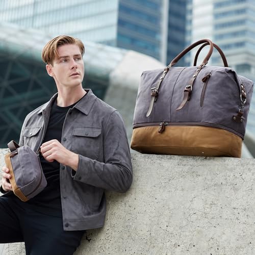 FENGDONG Weekender Bag Large Overnight Bag for Men Women Tote with Shoe Compartment Canvas Carry on Luggage Bag Travel Duffel Bag Gray - color: Gray