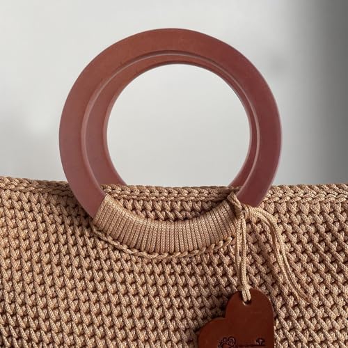 Quluxe 6 Pcs Wooden Round Shaped Handles Replacement | Decorative Bag Handle for Handmade Bag Handbags Purse Handles Crochet Straw Beach Bags- Light Brown