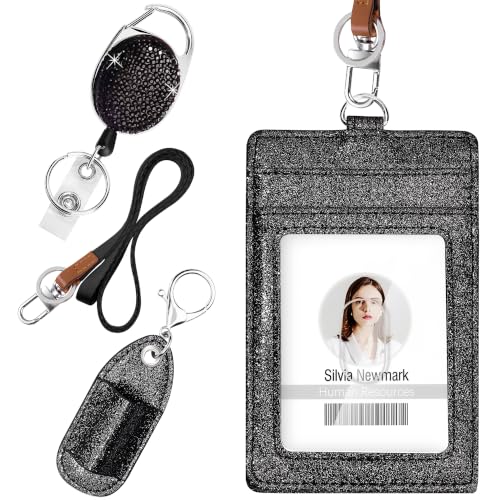 Retractable ID Badge Holder with Lanyard, Belt Clip Key Ring, Pen Holder - color: Black