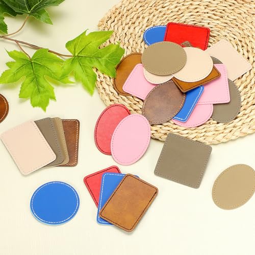 uxcell 20 Pcs Leather Patches for Hats, Round Leather Hat Patches with Adhesive, Rustic Faux Iron on Blank Patch for Laser Engraving Fabric Repair Sew Crafts, Beige - color: Beige