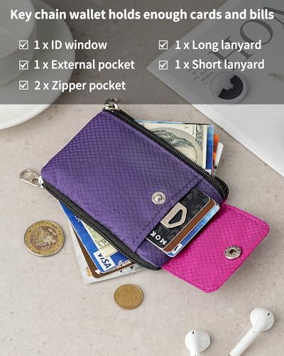 Artpaxy Minimalist Wallet For Mens Womens, Keychain RFID Blocking Zipper Small Wallet with ID Window 2 Lanyards,Water Resistant Travel Cash Card Coin Case Boys Girls - color: Dark purple+Dark pink