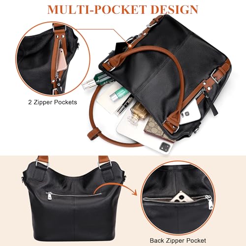 Genuine Leather Pueses for Women Large Hobo Bags Muti Pockets | Crossbody Tote Bags with Top Handles, Key Leash, Adjustable Straps for Shoulder/Handbags/Tote, Daily - color: 04-black/Brown