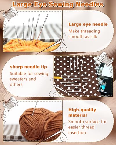 FIVEIZERO 80 PCS Large Eye Sewing Needles, Two 7 Sizes Sewing Sharp Needles, Leather Needle Embroidery Thread Needle, Stainless Steel Yarn Knitting Needles with Threaders for Handsewing Art Crafts - color: Sliver 80PCS