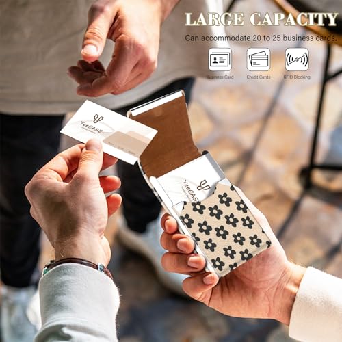 2Pack Leather Stainless Steel Business Card Holder, Metal Slim Business Card Case for Women or Men, Pocket Business Card Carrier with Prints, Magnetic Closure, RFID Blocking - color: Petals-Black