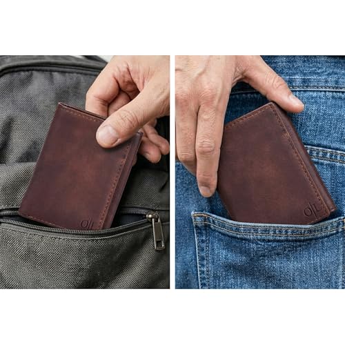 Trifold Leather Wallet for Men - RFID Slim Minimalist Front Pocket 6 Slots - color: Wash Brown