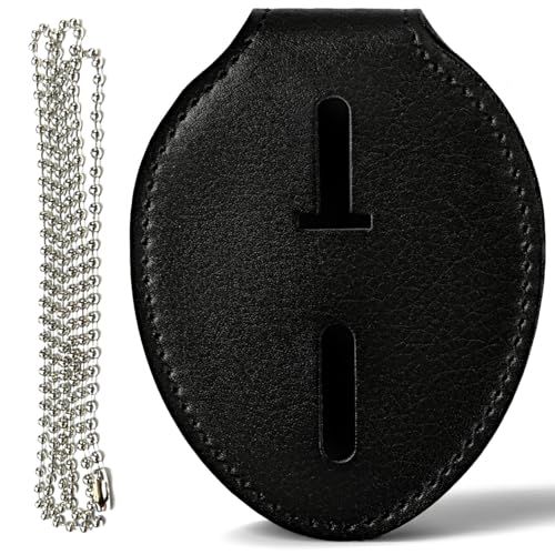 Genuine Leather Police Badge Holder with Belt Clip and Neck Chain | Universal Recessed Heavy Duty Badge Holder for Law Enforcement, Sheriff, Security Officer, Tactical Badge Case for Shield - size: Oval