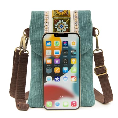 SILKAREA Vintage Embroidered Canvas Flip Small Crossbody Bag Cell Phone Pouch for Women Wristlet Wallet Bag Coin Purse - color: Pine Green