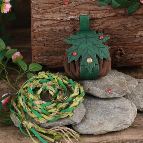 HiiFeuer Boho Leaf Twine Belt Renaissance Leaf Purse,Bagladybug Decor Dice Bag Elven Accessories for LARP Ren Faire Halloween(Green A) - color: Green A
