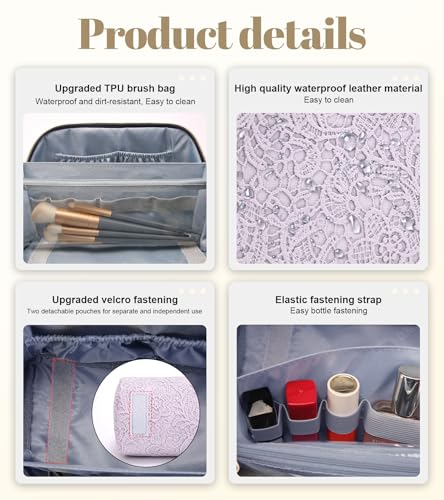 BOYATU Travel Makeup Bags Cosmetic Organizer Bag: 3-Set Large Capacity Make up Bag - PU Leather Toiletry Bags for Women - Wide Open Portable Pouch with Divider & Handle (A-Violet) - color: A-Violet