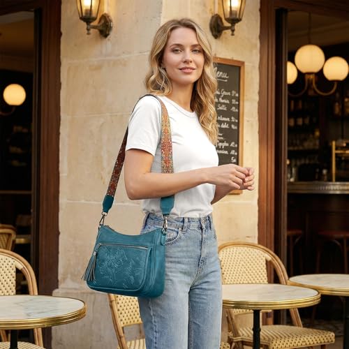 Crossbody Bags for Women, Medium Vegan Leather Purses | Large Capacity Multi-Pocket Embossed Shoulder Bag with Boho Strap for Daily Travel - color: Peacock Blue