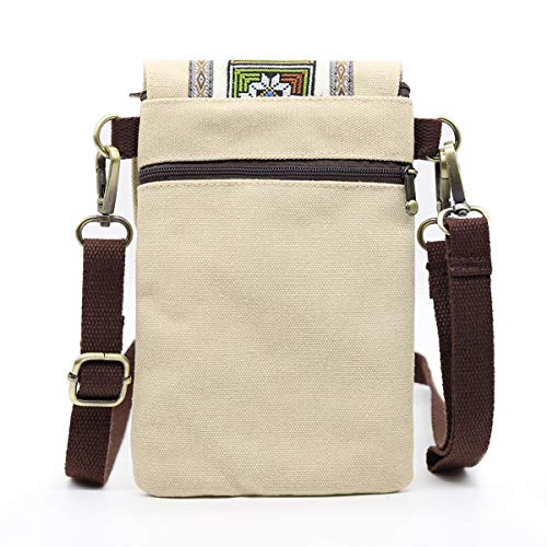 SILKAREA Vintage Embroidered Canvas Flip Small Crossbody Bag Cell Phone Pouch for Women Wristlet Wallet Bag Coin Purse - color: Khaki
