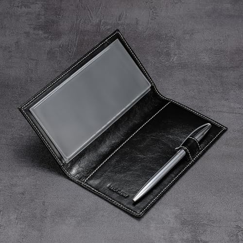 HISCOW Leather Checkbook Cover for Duplicate Checks with Pen Holder - color: Antiqued Black