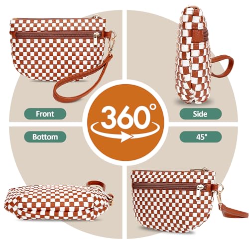 Woven Wristlet Bag for Women Checkered Crescent Pouch Wallet Small Purse - color: Brown