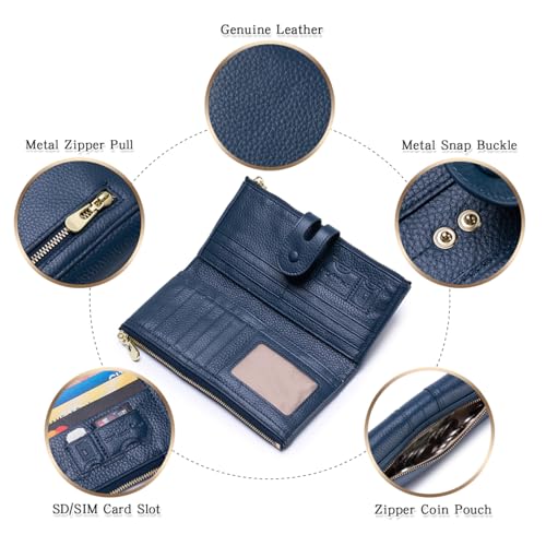 Large Capacity Wallets for Women Soft Leather RFID Blocking Long Wallet Ladies Bifold Clutch Purse Credit Card Holder with Double Zipper Pocket ID Window,Navy Blue - color: NavyBlue