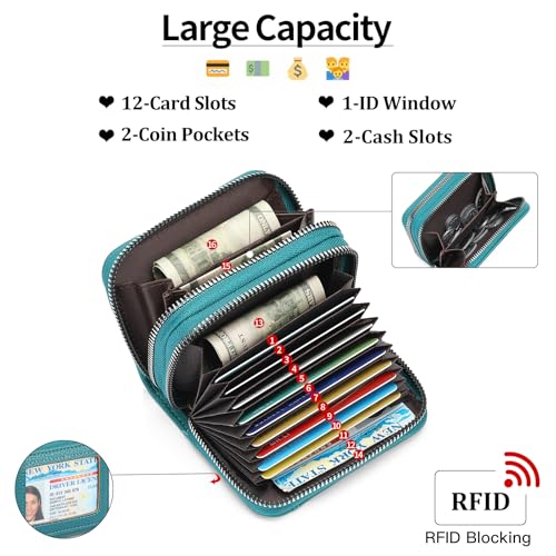 RNIEGA Credit Card Holder Wallet RFID Blocking Leather Small Wallet for Women Double Zipper Wallet with ID Window - color: A-Blue
