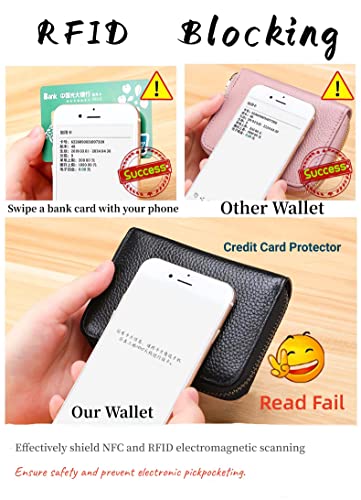 Credit Card Holder Genuine Leather Small Card Wallet (Black 11) | 11 Card Slots RFID Blocking Accordion Wallet with Zipper - color: Black 11