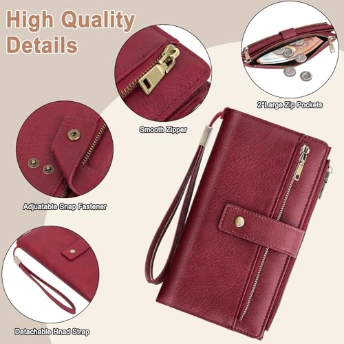 Large Wallets For Women Rfid Blocking Wallet Pu Leather Ladies Wallets Zipper Long Wallet With 24 Card Holders,2 Id Windows And Coin Pocket Wristlet Purses For Women Ladies. Wine red - color: Wine red