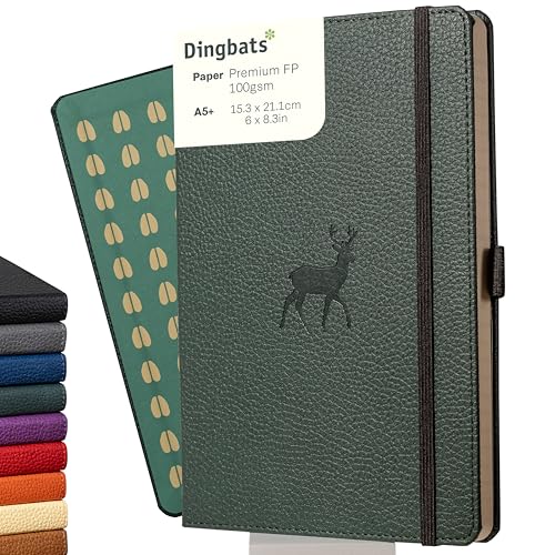 Dingbats* Wildlife Plain Writing Journal Notebook A5 - Vegan Leather Hardcover - Ideal for Work, Travel - Pocket, Elastic Closure, & Bookmark - color: Green Deer, style: Minimalist