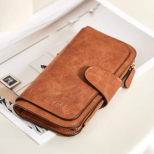 CLUCI RFID Wallet for Women Bifold Wallet with ID Window | Multiple Card Holder, Gifts for Women Birthday - color: Oil wax Two-toned Brown